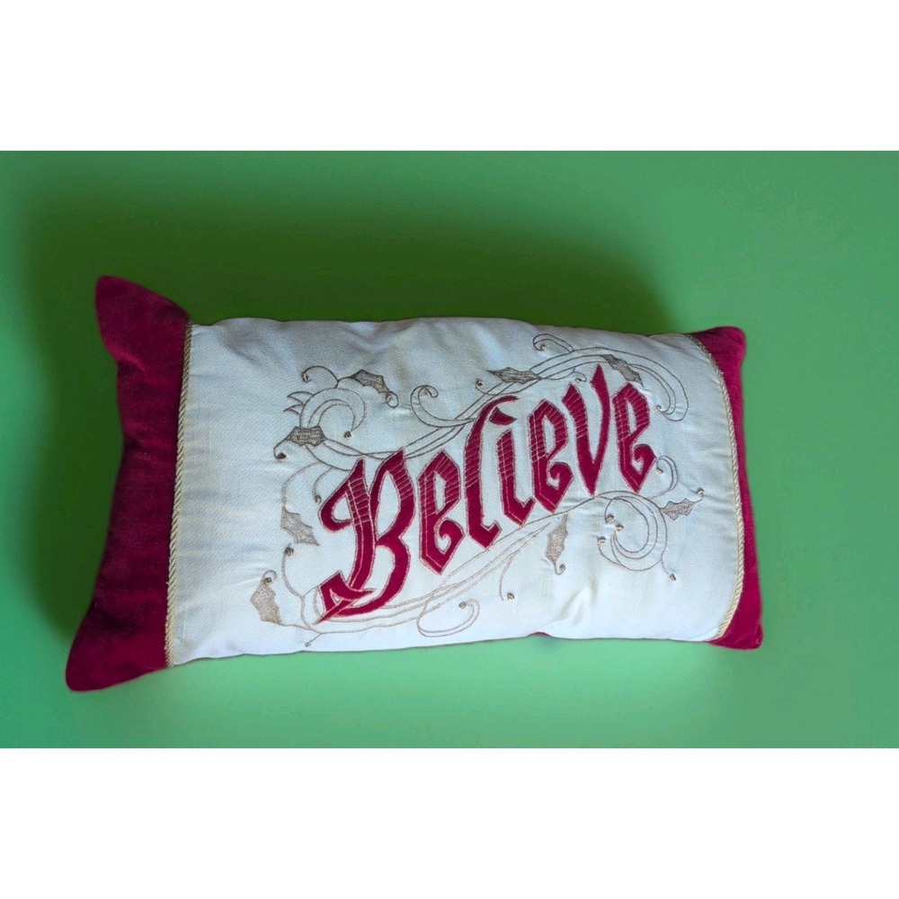 Hallmark Believe Christmas Pillow Velvet Red White Embroidered Holiday  EUC